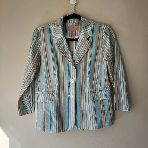 Laurie Felt Stripe Crop Blazer Women Size 2 Blue Multicolor Pockets Linen NEW - Picture 1 of 10